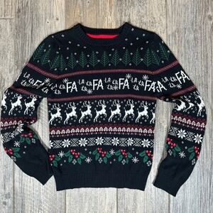Christmas Sweater  Black La La Fa Reindeer Trees‎ Holiday Size M 10/12